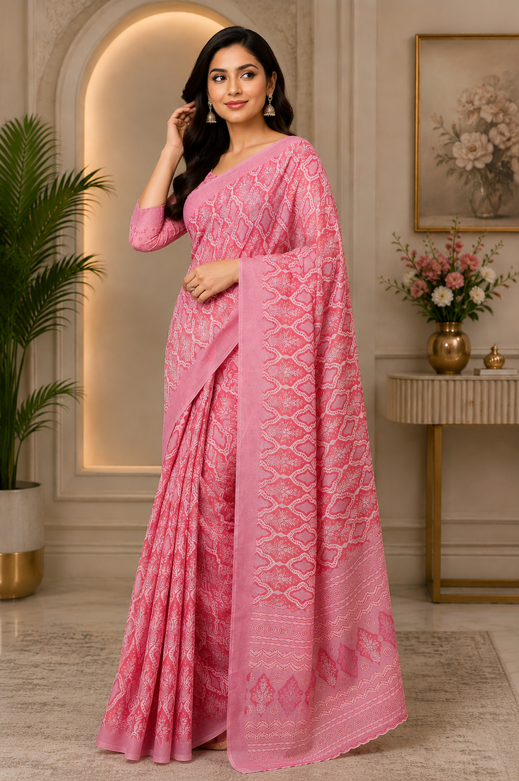 pink printed chanderi cotton ready to wear saree with unstitched blouse