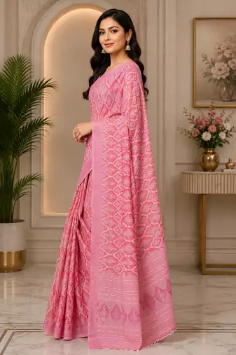 pink printed chanderi cotton ready to wear saree with unstitched blouse