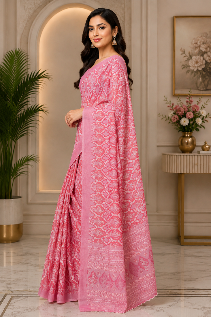 pink printed chanderi cotton ready to wear saree with unstitched blouse