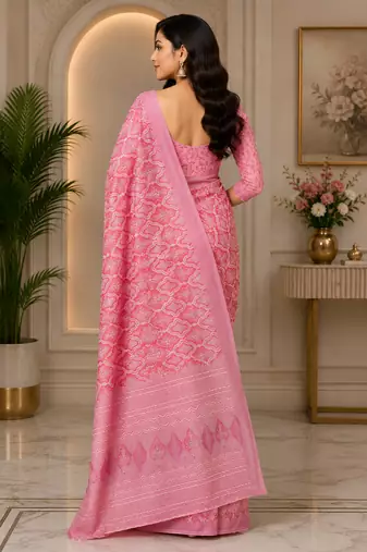 pink printed chanderi cotton ready to wear saree with unstitched blouse