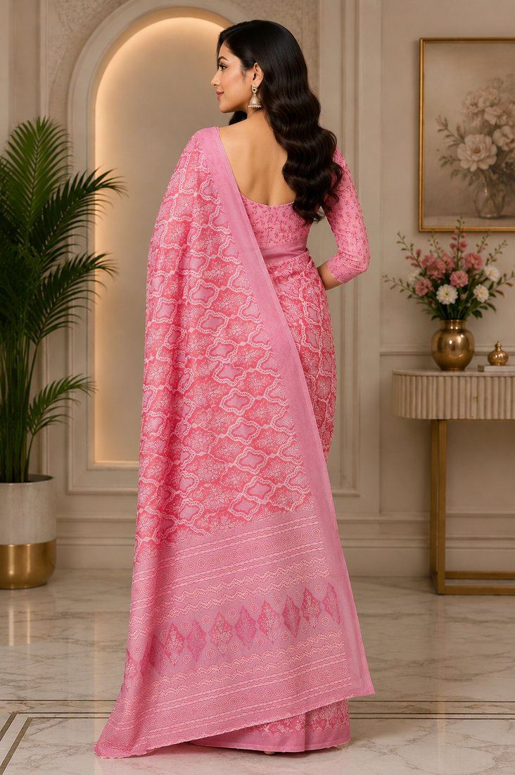pink printed chanderi cotton ready to wear saree with unstitched blouse