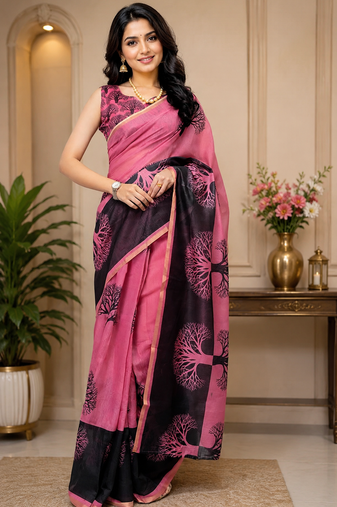 pink black printed chanderi cotton ready to wear saree with unstitched blouse