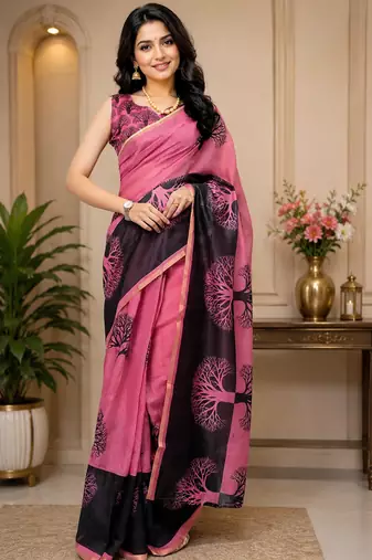 pink black printed chanderi cotton ready to wear saree with unstitched blouse