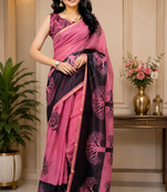pink black printed chanderi cotton ready to wear saree with unstitched blouse