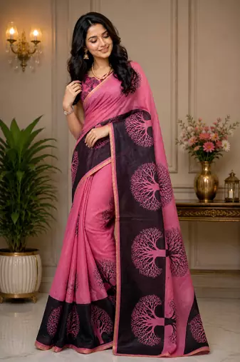 pink black printed chanderi cotton ready to wear saree with unstitched blouse