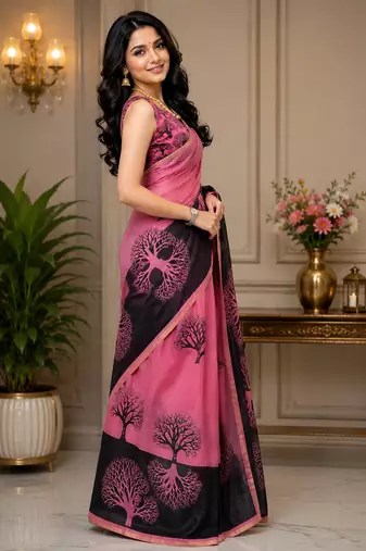 pink black printed chanderi cotton ready to wear saree with unstitched blouse