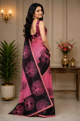pink black printed chanderi cotton ready to wear saree with unstitched blouse