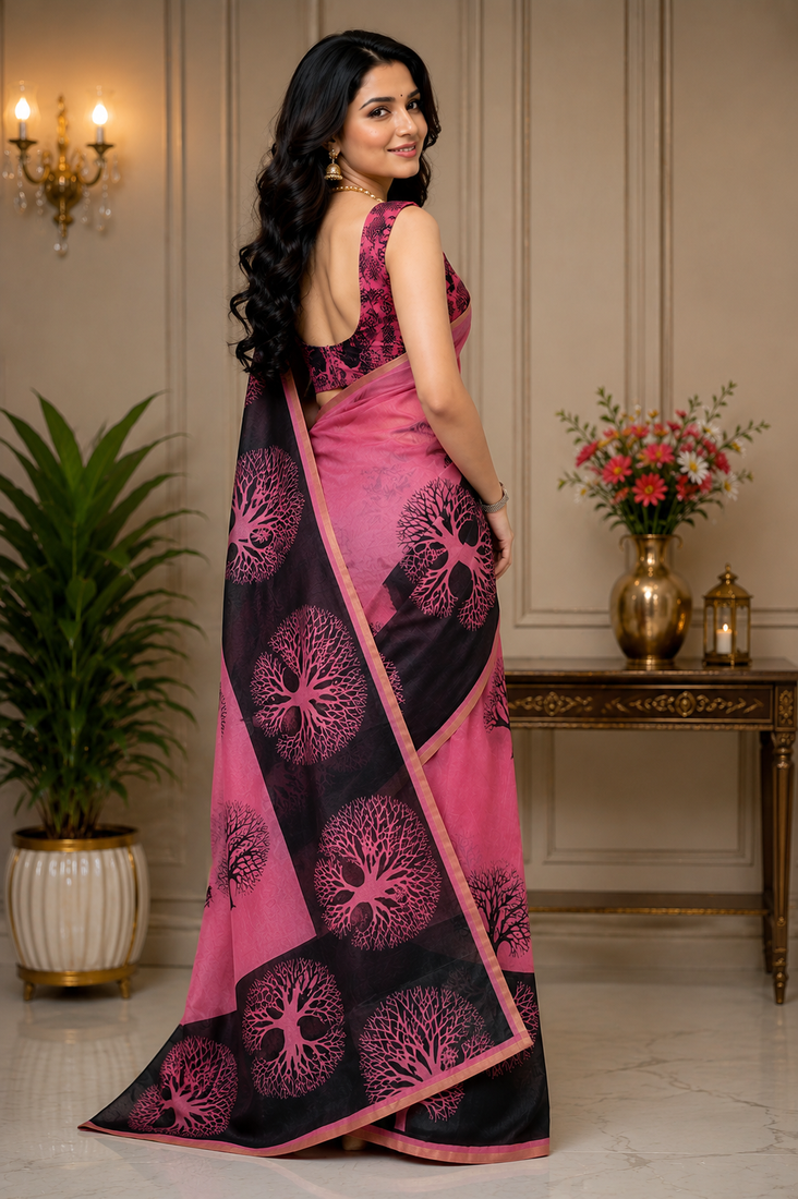 pink black printed chanderi cotton ready to wear saree with unstitched blouse