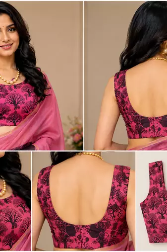 pink black printed chanderi cotton ready to wear saree with unstitched blouse