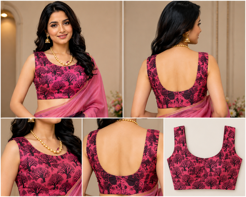 pink black printed chanderi cotton ready to wear saree with unstitched blouse