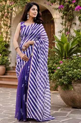 purple printed chanderi cotton ready to wear saree with unstitched blouse