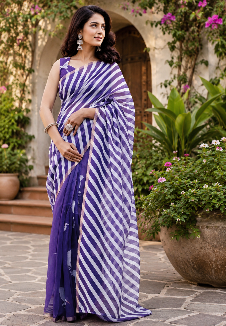 purple printed chanderi cotton ready to wear saree with unstitched blouse