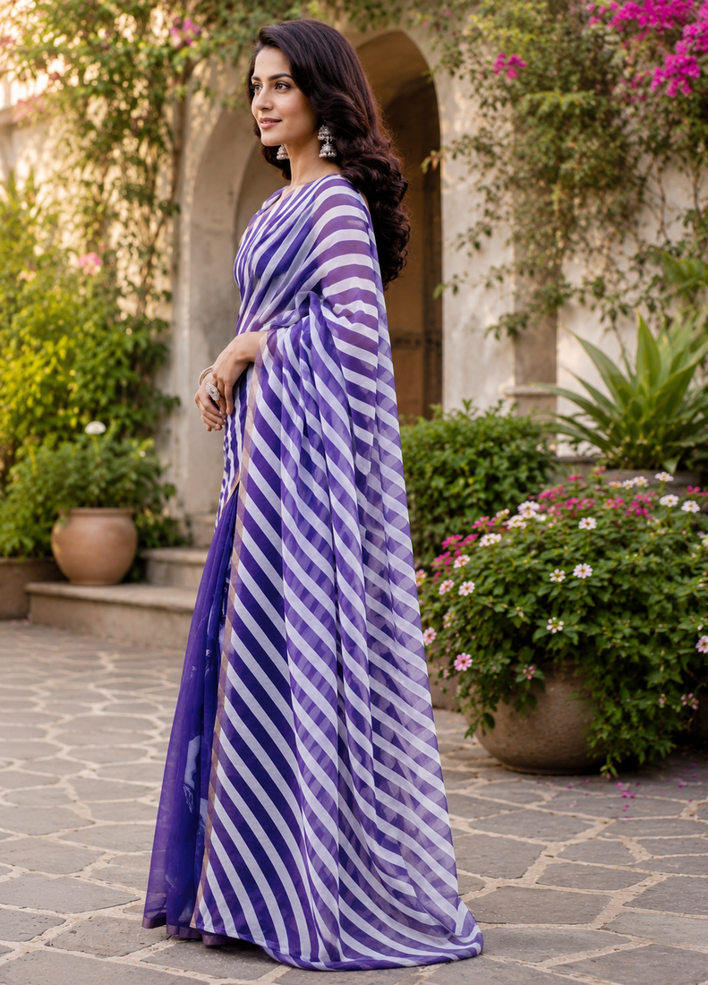 purple printed chanderi cotton ready to wear saree with unstitched blouse