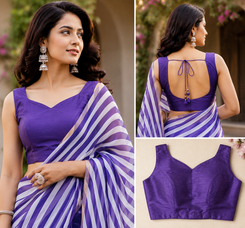 purple printed chanderi cotton ready to wear saree with unstitched blouse