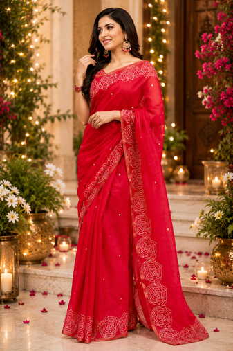red printed chanderi cotton ready to wear saree with unstitched blouse