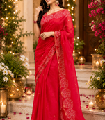 red printed chanderi cotton ready to wear saree with unstitched blouse