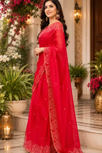 red printed chanderi cotton ready to wear saree with unstitched blouse