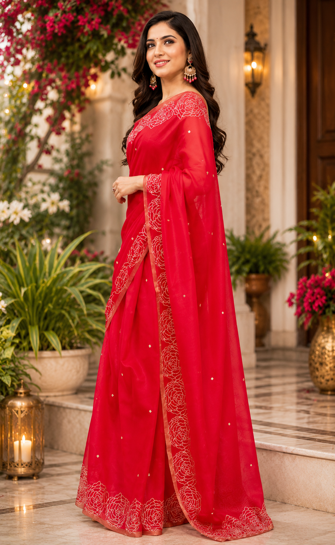 red printed chanderi cotton ready to wear saree with unstitched blouse