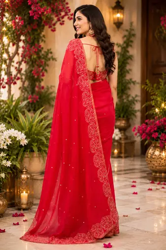 red printed chanderi cotton ready to wear saree with unstitched blouse
