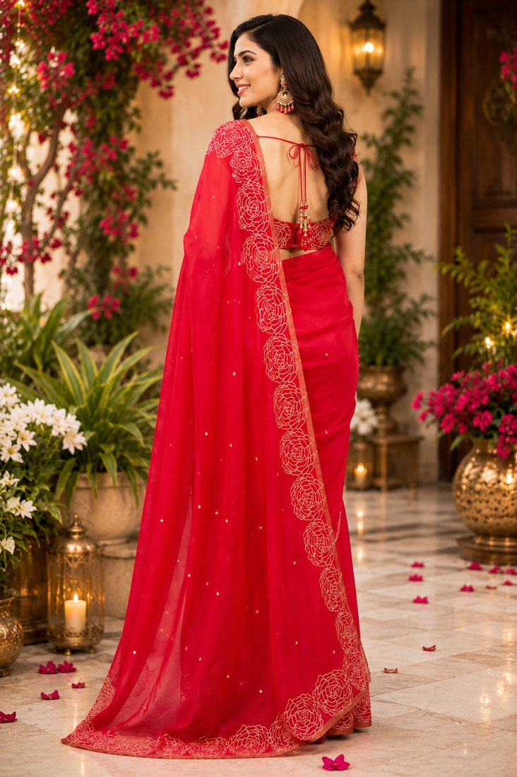 red printed chanderi cotton ready to wear saree with unstitched blouse