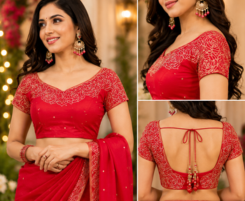 red printed chanderi cotton ready to wear saree with unstitched blouse 5