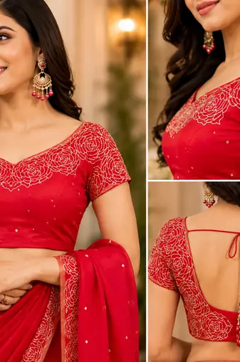 red printed chanderi cotton ready to wear saree with unstitched blouse