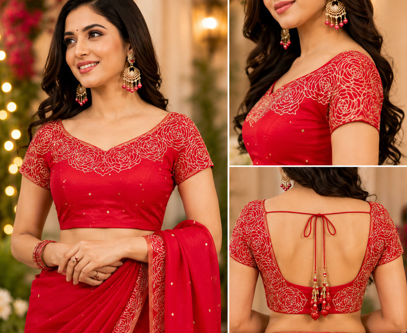 red printed chanderi cotton ready to wear saree with unstitched blouse