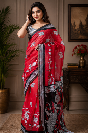 red black printed chanderi cotton ready to wear saree with unstitched blouse