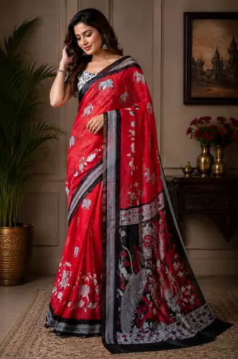 red black printed chanderi cotton ready to wear saree with unstitched blouse