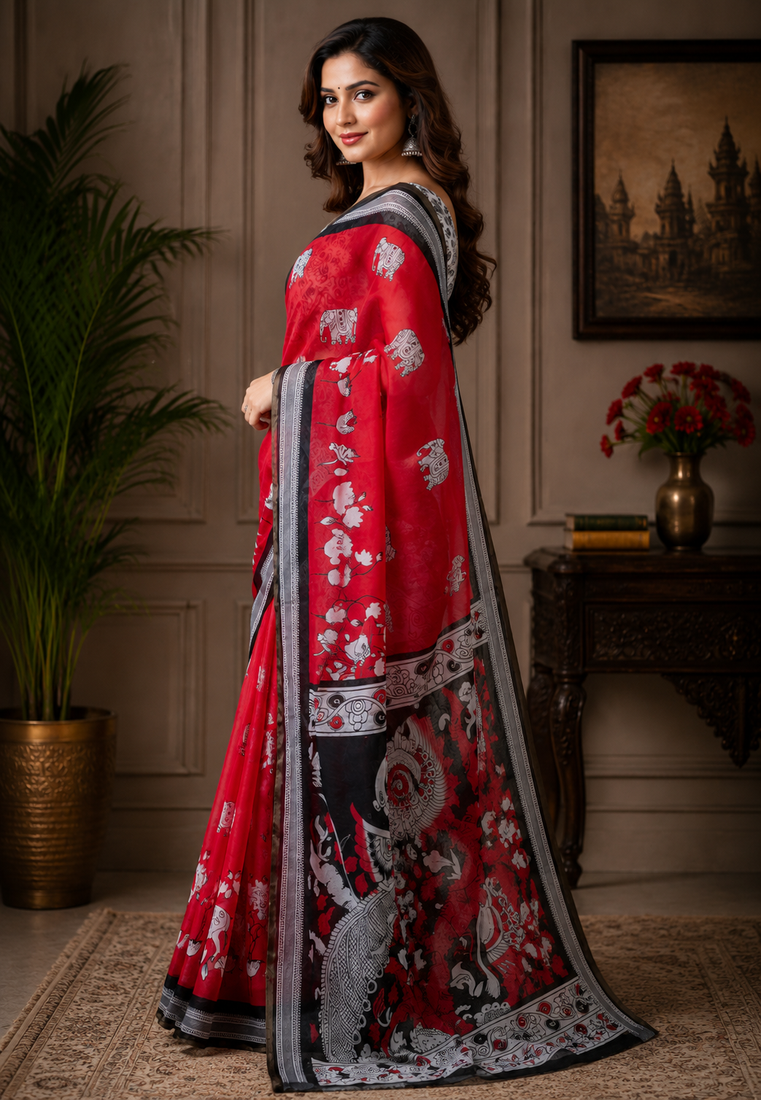 red black printed chanderi cotton ready to wear saree with unstitched blouse