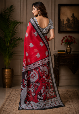red black printed chanderi cotton ready to wear saree with unstitched blouse 4