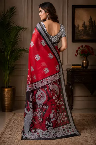 red black printed chanderi cotton ready to wear saree with unstitched blouse