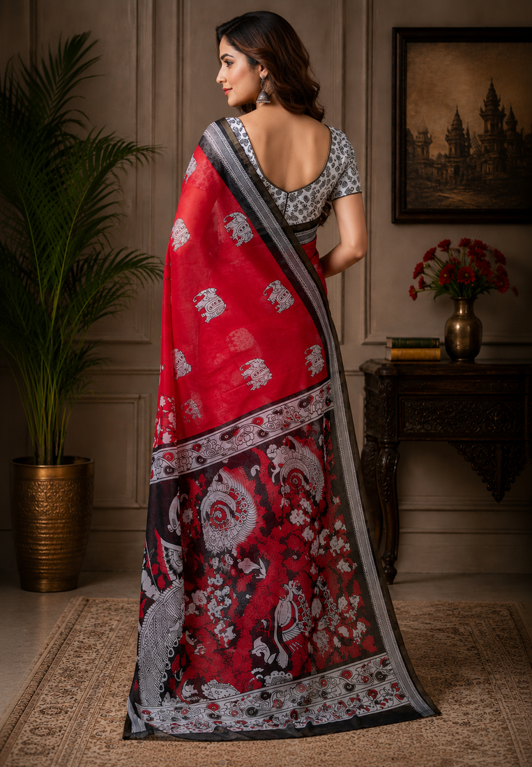 red black printed chanderi cotton ready to wear saree with unstitched blouse