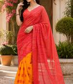red orange printed chanderi cotton ready to wear saree with unstitched blouse