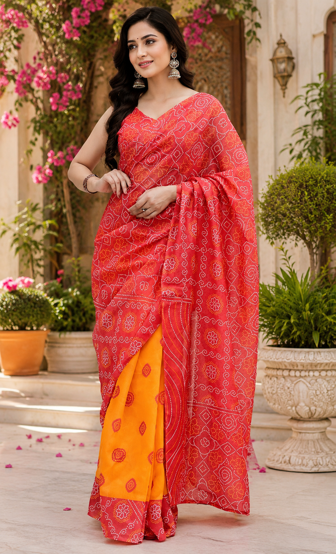 red orange printed chanderi cotton ready to wear saree with unstitched blouse