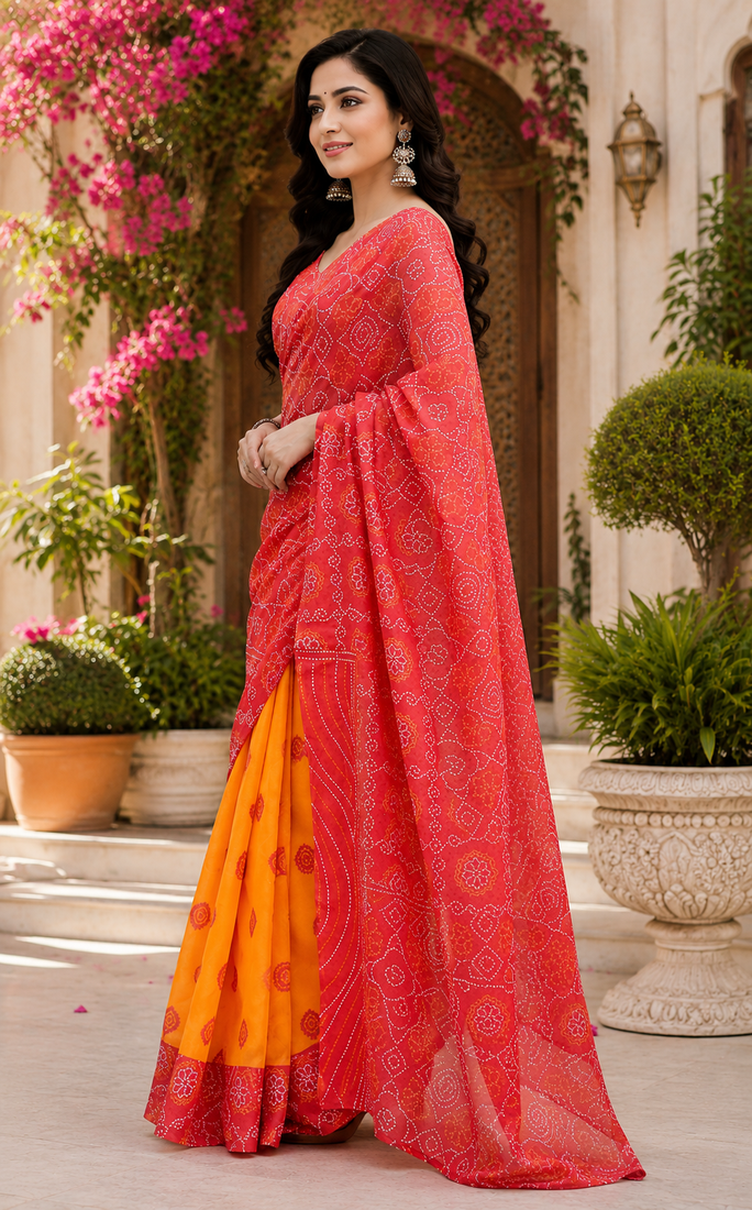 red orange printed chanderi cotton ready to wear saree with unstitched blouse