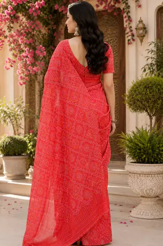 red orange printed chanderi cotton ready to wear saree with unstitched blouse