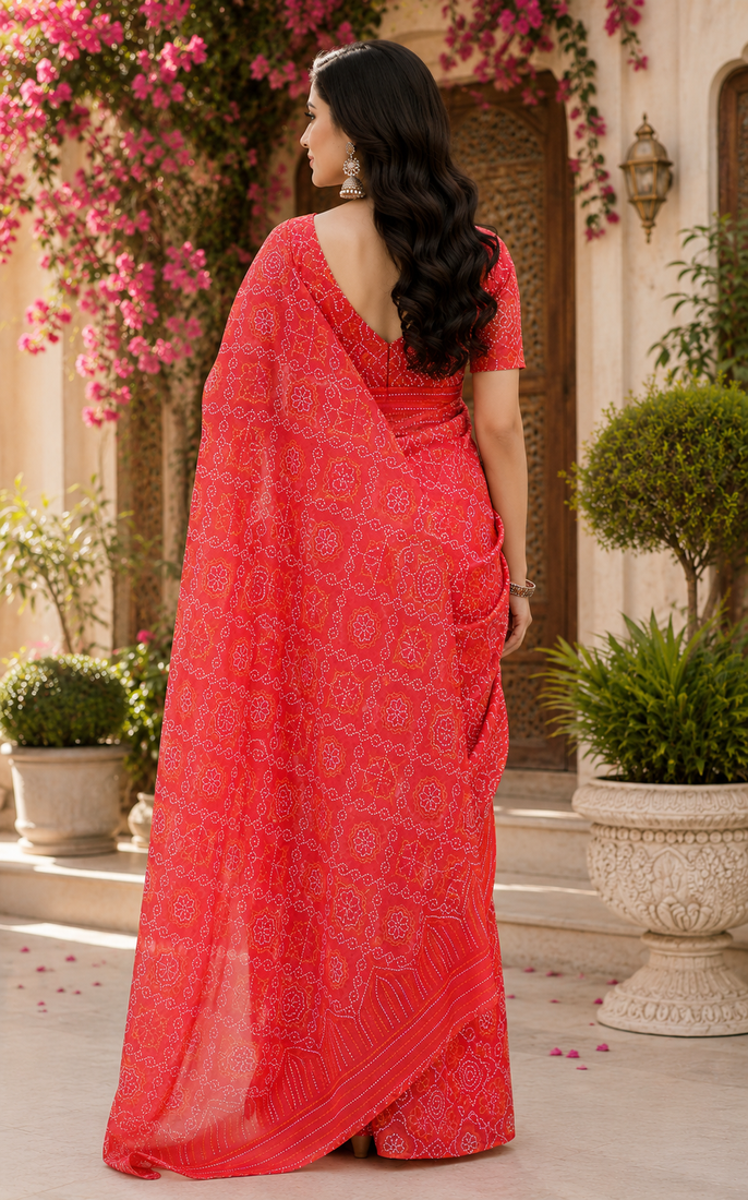 red orange printed chanderi cotton ready to wear saree with unstitched blouse