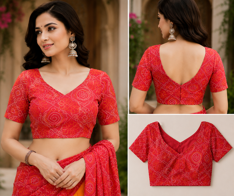 red orange printed chanderi cotton ready to wear saree with unstitched blouse