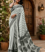 white printed chanderi cotton ready to wear saree with unstitched blouse