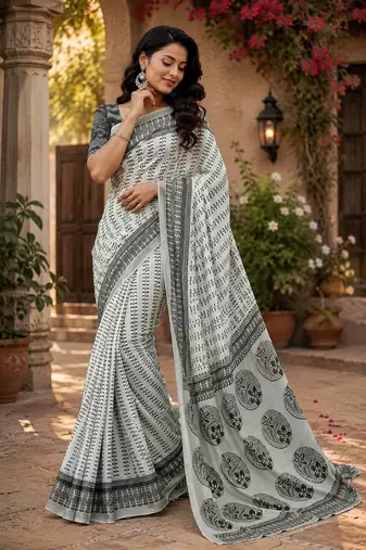 white printed chanderi cotton ready to wear saree with unstitched blouse