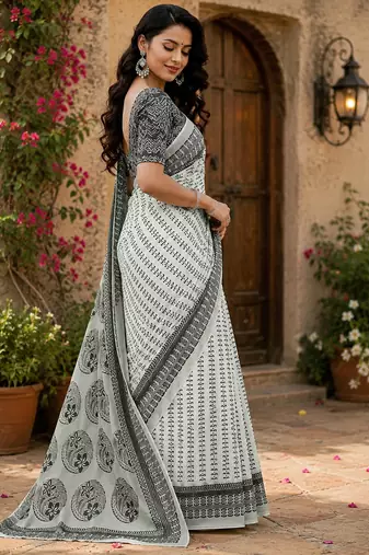 white printed chanderi cotton ready to wear saree with unstitched blouse