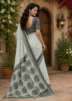 white printed chanderi cotton ready to wear saree with unstitched blouse 4