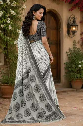 white printed chanderi cotton ready to wear saree with unstitched blouse