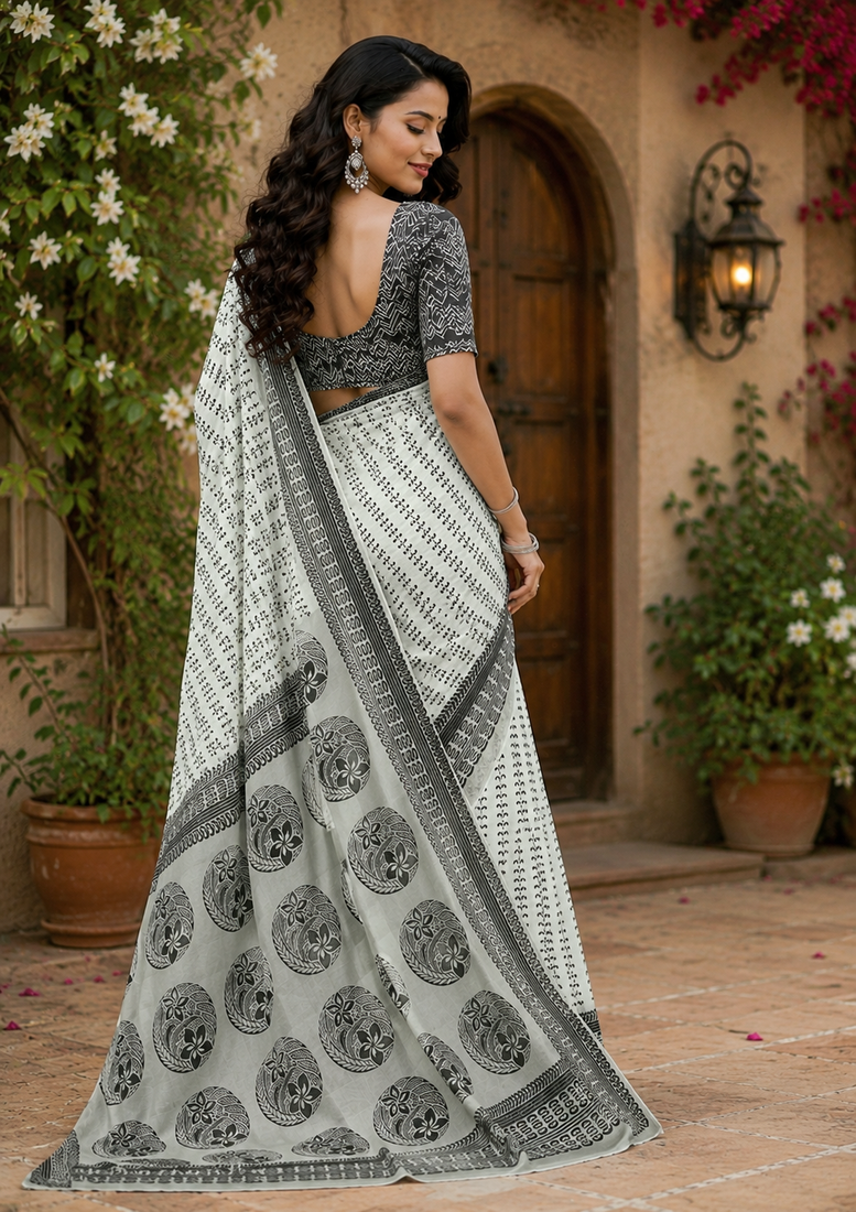 white printed chanderi cotton ready to wear saree with unstitched blouse
