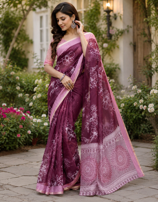 wine printed chanderi cotton ready to wear saree with unstitched blouse 1