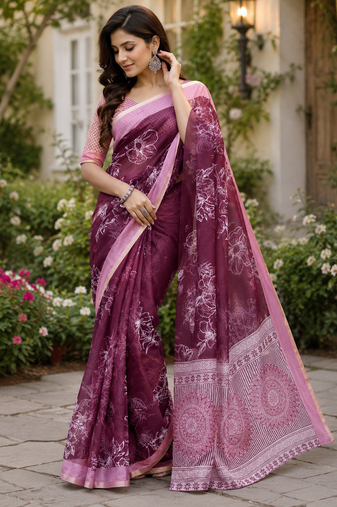 wine printed chanderi cotton ready to wear saree with unstitched blouse