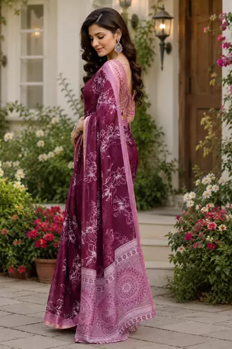 wine printed chanderi cotton ready to wear saree with unstitched blouse