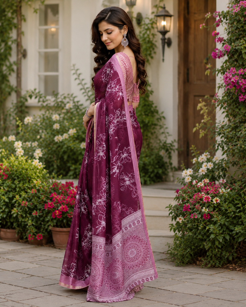 wine printed chanderi cotton ready to wear saree with unstitched blouse