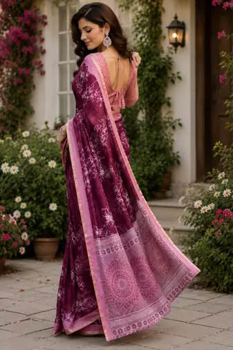 wine printed chanderi cotton ready to wear saree with unstitched blouse